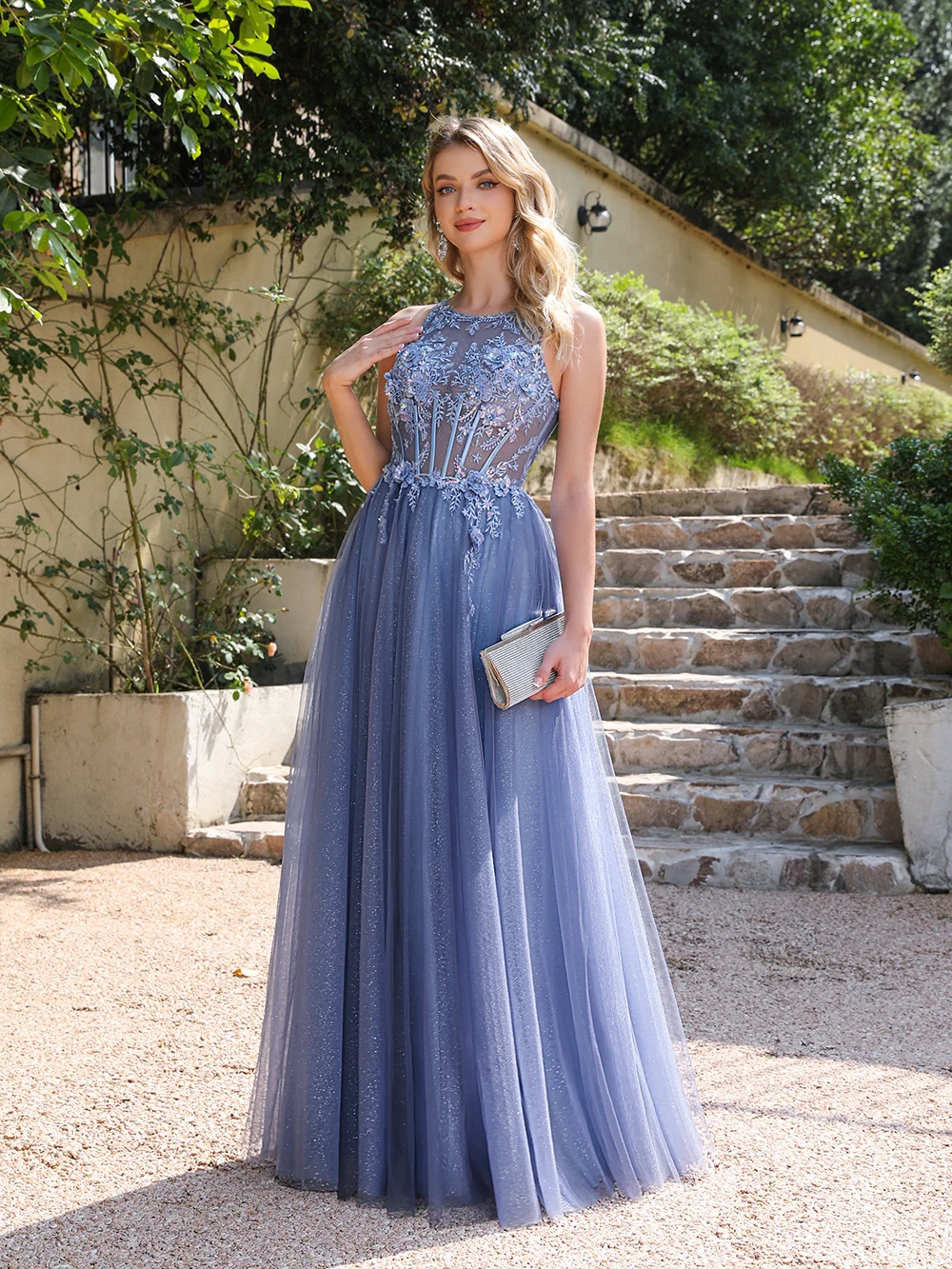 BABYONLINE Dusty Blue Soft Shiny Tulle Long Evening Dresses Elegant Appliques Lace Open Back Sexy Prom Formal Party Maxi Gowns - Image 5