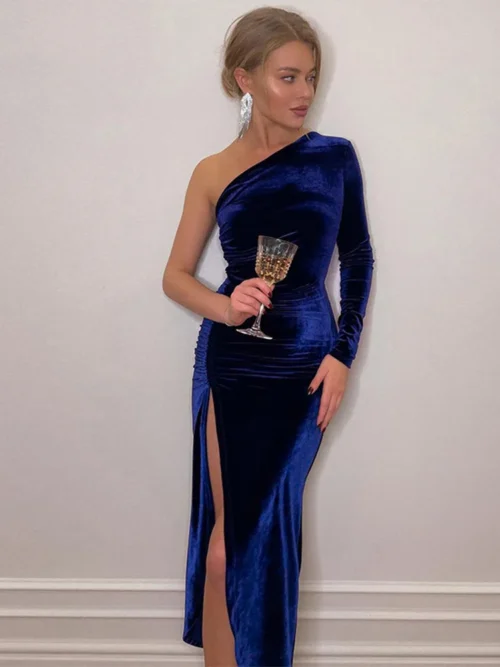 Alternative view of Women Elegant Long Sleeve Party Evening Velvet Bodycon Split Pencil Midi Dress Spring Autumn Clothes