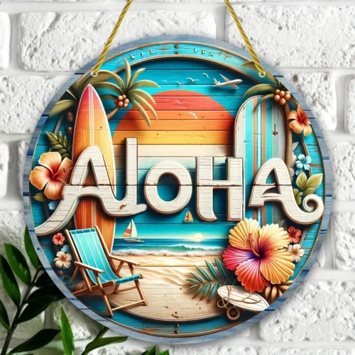 1 Aloha Wooden Sign Pendant/Round Beach Wall Art with Wreath Welcome House Number/20/8CM Hawaiian Greeting Hanging Decoration