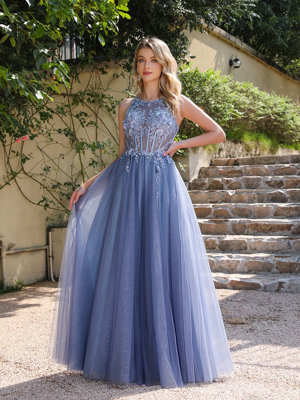 BABYONLINE Dusty Blue Soft Shiny Tulle Long Evening Dresses Elegant Appliques Lace Open Back Sexy Prom Formal Party Maxi Gowns - Image 4