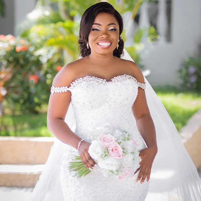 Customized Plus Size Crystal Off the Shoulder Mermaid Bridal Dresses Vintage Tulle Lace Appliques Country Africa Wedding Gowns - Image 2
