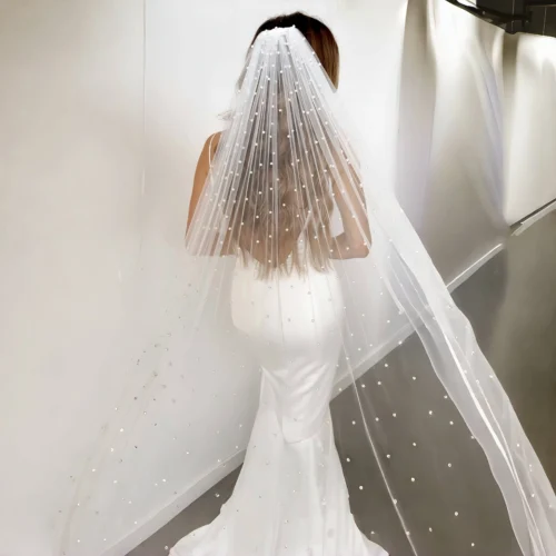 Alternative view of Pearls Bridal Veil Soft 1 Tier Beaded Wedding Veil for Bride Cathedral Length with Comb Wedding Accessories V05