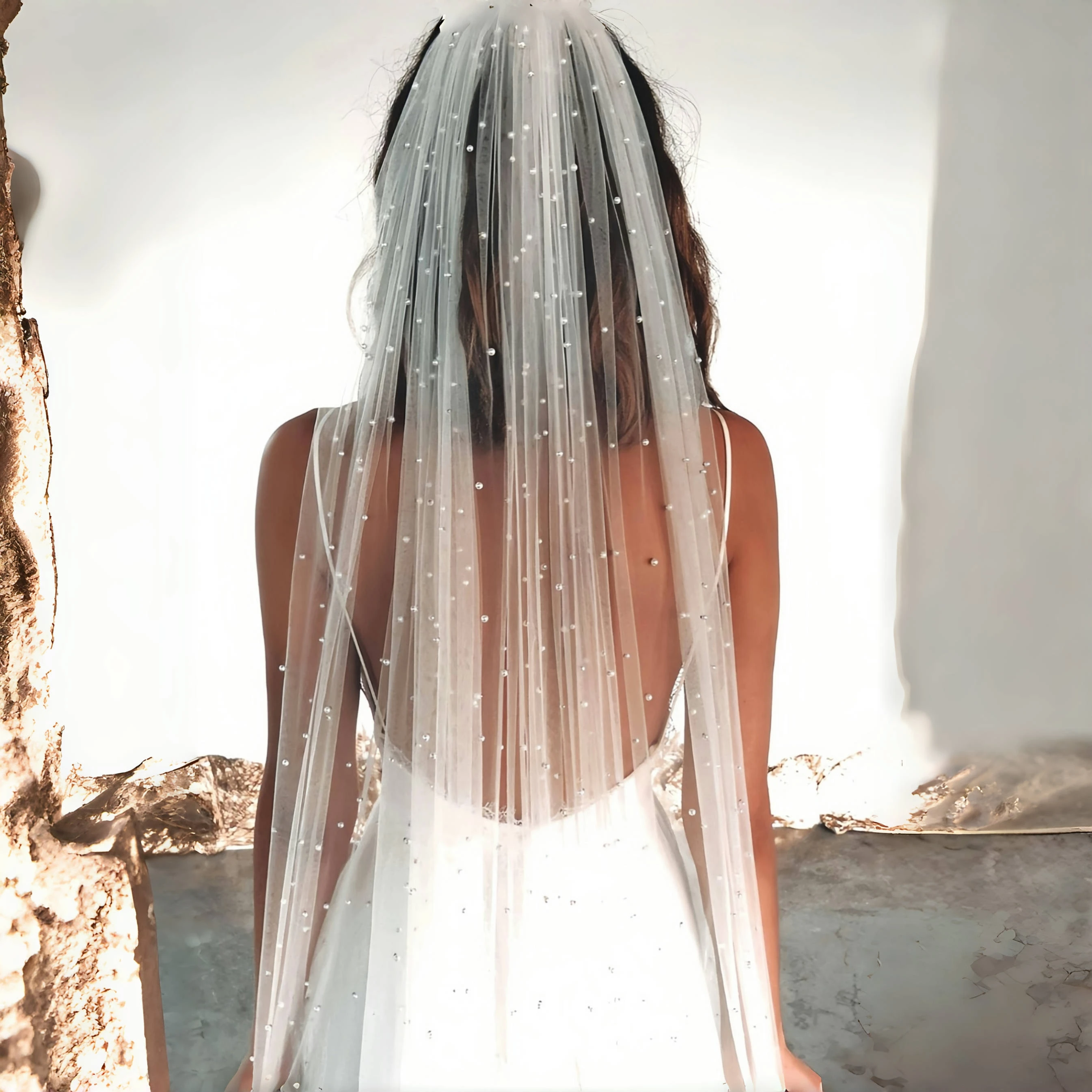 Pearls Bridal Veil Soft 1 Tier Beaded Wedding Veil for Bride Cathedral Length with Comb Wedding Accessories V05 - Image 5
