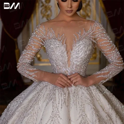 Alternative view of Beaded Sexy Bride Dresses Vestidos De Novia Luxury Hand Beaded Long Sleeve Wedding Dress Ball Gown Long Chapel Train