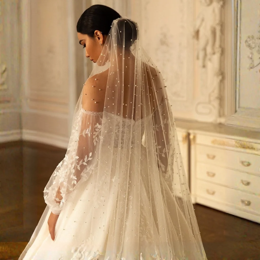 Pearls Bridal Veil Soft 1 Tier Beaded Wedding Veil for Bride Cathedral Length with Comb Wedding Accessories V05 - Image 4
