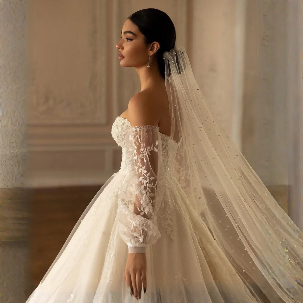 Pearls Bridal Veil Soft 1 Tier Beaded Wedding Veil for Bride Cathedral Length with Comb Wedding Accessories V05 - Image 3