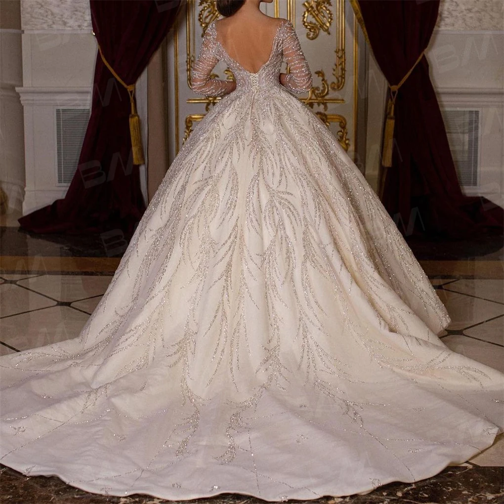 Beaded Sexy Bride Dresses Vestidos De Novia Luxury Hand Beaded Long Sleeve Wedding Dress Ball Gown Long Chapel Train - Image 3