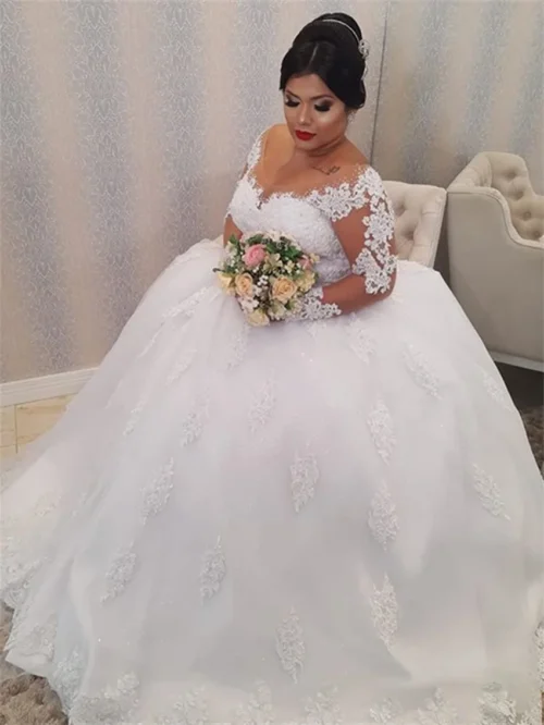 Alternative view of vestido de casamento Wedding Dress Plus Size Illusion Long Sleeve Pearls Beading Appliques White Bridal Gowns vestido de noiva